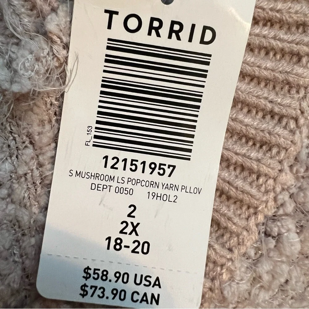 NWT Torrid size 2X mushroom color popcorn drop shoulder sweater